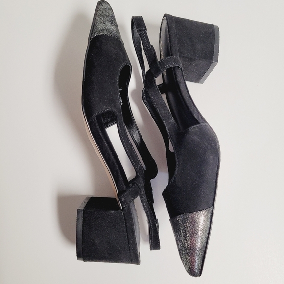 Express Black Silver Cap Pointed Toe Sling Back Block Heels Size 6 - Picture 8 of 8